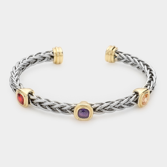 iFashionBox Jewelry - MultiColored Triple Cushion CZ Square Stone Silver Cable Cuff Bracelet Jewelry
